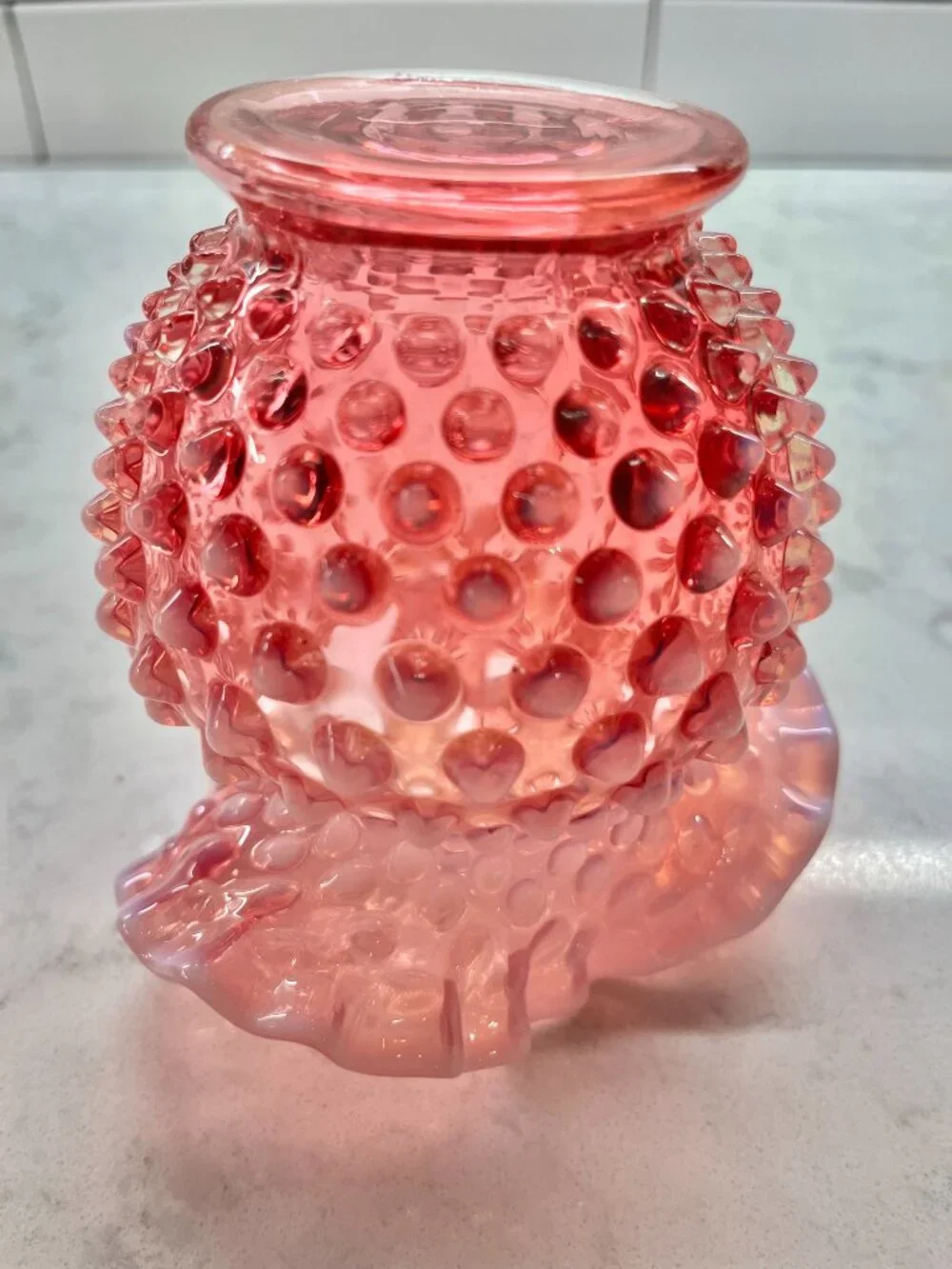 Fenton Glass Vase in the Cranberry Opalescent Hobnail Pattern